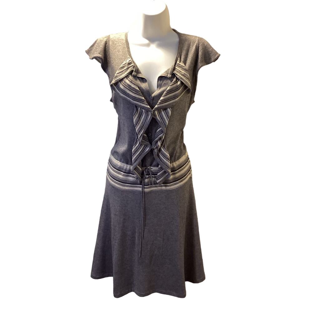 Magaschoni Gray Cashmere Flutter Sleeve Flare Midi Ruffle Trim Y2K Dress M